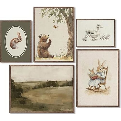 TUTENG 5Pcs Vintage Animal Nursery Wall Art Posters Kids Room Boys Wall Decor Duck Bear Painting Rabbit Picture Print for Baby Boy Bedroom Living Room Decoration 8x10in Unframed