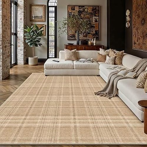 6x9 Brown Area Rug for Living Room Bedroom Machine Washable Low Pile Checkered Carpet Modern Accent Soft Non Slip Rug for Dining Room Nursery Office Indoor