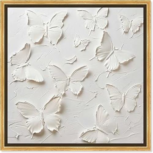 Art Remedy Butterflies In Ivory Canvas Elegant White Gold Wall Art, Gold Frame, 20" x 20"