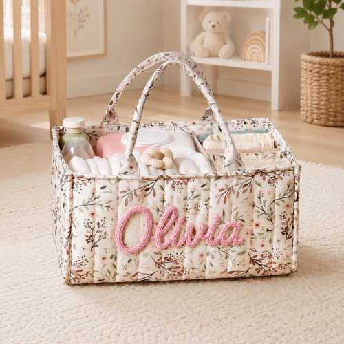 Personalized Quilted Diaper Caddy Organizer, Custom Name Nursery Basket, Baby Shower Gift