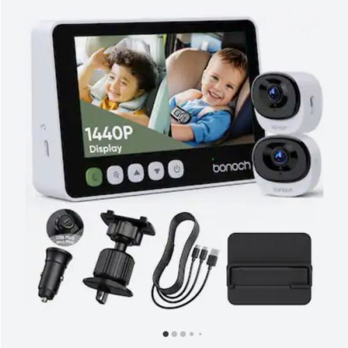 bonoch - 2K Baby Car Camera Monitor with Full Crystal Night Vision and 360° Rotating Wide View Dual Cameras - White