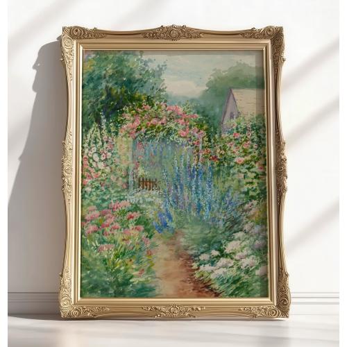 Flower Garden Painting, Summer Garden Painting, Vintage Spring Art, Antique Watercolor Flower Print, Floral Farmhouse Wall Decor
