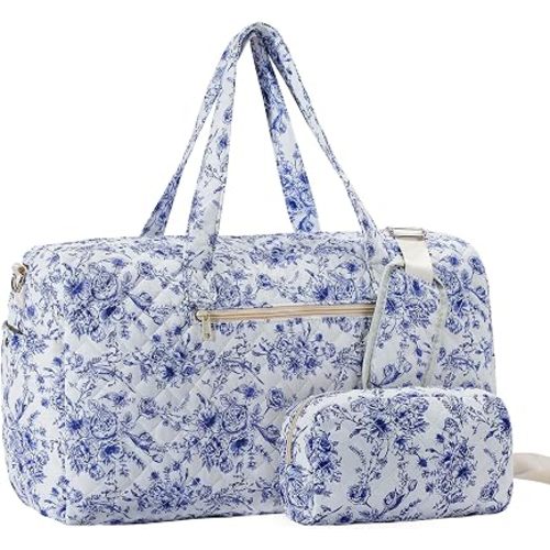 Quilted Travel Duffle Bag, Porcelain style, 21.6 x 7.8 x 14.1 inches, Porcelain Style