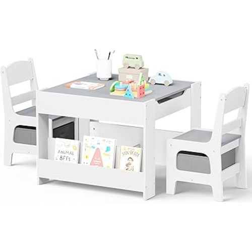 Kinder King Kids Wood Table & 2 Chairs Set, 4 in 1 Children Activity Table w/Double Bookcase, Blackboard, Toddler Furniture Set for Art, Crafts, Drawing, Reading, Playroom, Grey