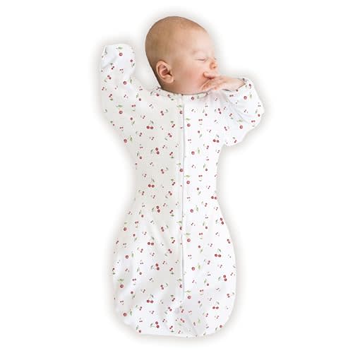 SwaddleDesigns Organic Transitional Swaddle Sack, Arms Up Swaddle with Half-Length Sleeves & Mitten Cuffs, Medium, 3-6 Months, 14-21 lbs, Watercolor Little Cherries