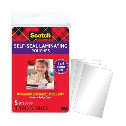 5Ct Scotch Self Seal 4X6 Photo Sz: Laminating Film Pouches, 6.3" x 4.3", Laminating Supplies, 5 Pack