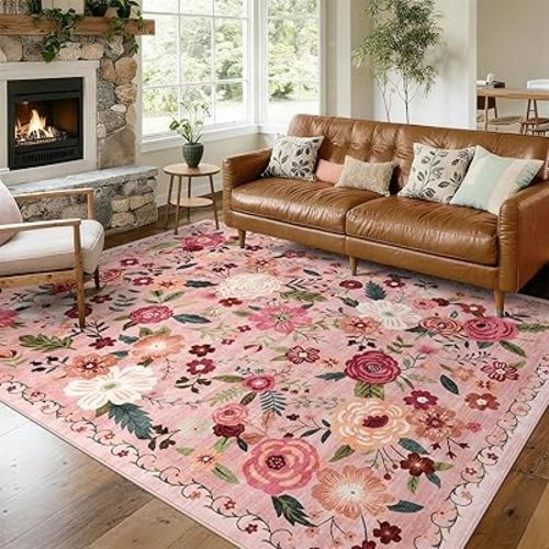 6x9 Washable Area Rug Pink Boho Floral for Living Room Bedroom Nursery