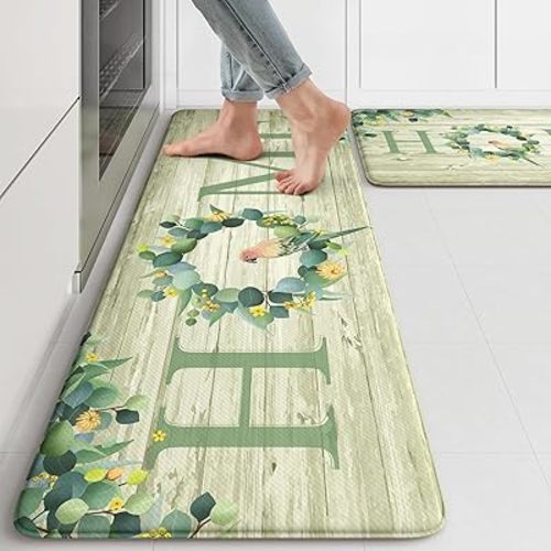 KIMODE Anti Fatigue Kitchen Mats for Floor 2 Piece,Farmhouse Spring Rugs Non Slip,Cushioned Memory Foam Carpet for Sink Laundry Office Bathroom,Green 17"x47"+17"x29"
