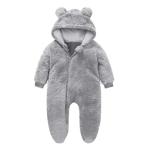 Baby Fluffy Jumpsuit Hooded Fleece Rompers Long Sleeve Zipper Onesie Outwear Gray 6-9 Months