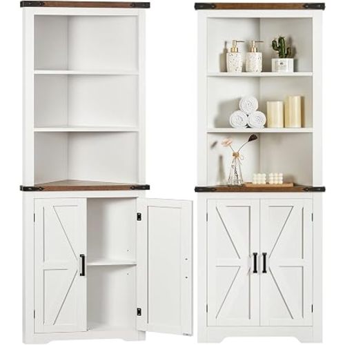 Farmhouse Corner Cabinet, 70" H Tall Corner Hutch with 5 Shelves & 2 Barn Doors, Bathroom Cabinet with Adjustable Shelf, for Living Room, Kitchen, Bathroom, White