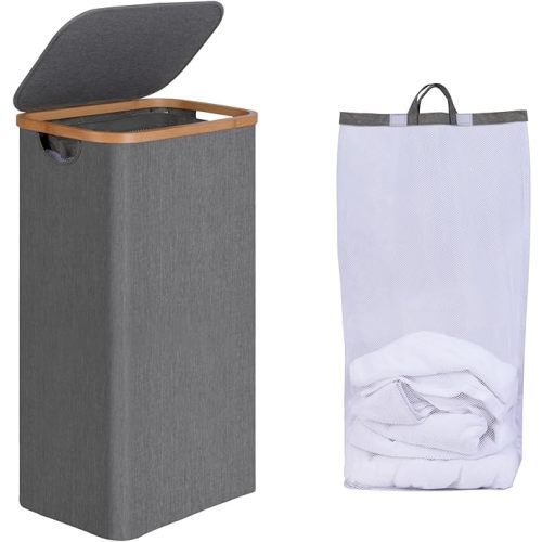 efluky Slim Laundry Basket with Lid, Narrow Laundry Hamper with Removable Bag, Skinny Dirty Clothes Basket with Bamboo Handles for Bathroom, Bedroom & Laundry Room, 75L Grey