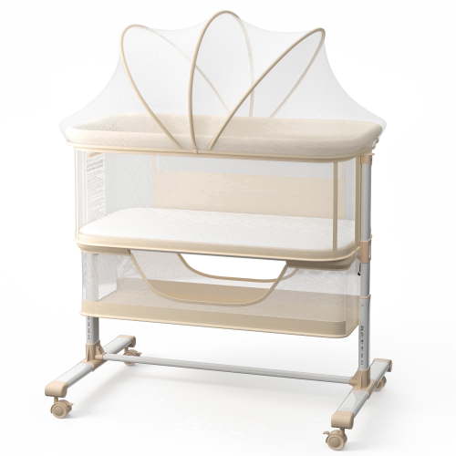 AILEEKISS Bedside Bassinet for Newborn, 6 Height Adjustable Baby Bassinet with Mosquito Net, Beige