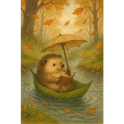 Cozy Hedgehog Reading in a Leaf Boat – Whimsical Autumn Animal Print