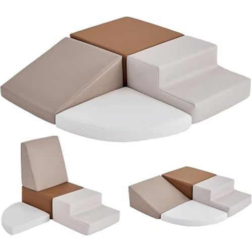 Sumbababy Toddler Climbing Toys Indoor 4 Piece Leather Foam Climbing Blocks for Babies Easy Clean Soft Play Set for Crawling Climbing and Sliding Nursery Playroom Living Room Neutral