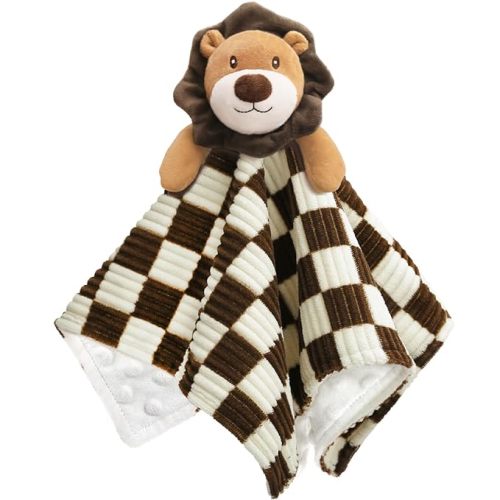 Baby Security Blanket Lovey Lion Blanket for Boys Girls 14 Inch | Super Soft Checkerboard Gingham with Minky Dot Fabric Backing Stuffed Animal Lovely Snuggle Toy Shower Gift Brown