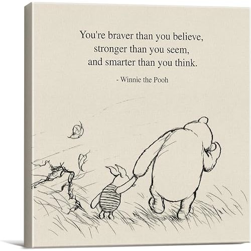 Classic Winnie the Pooh Quote Wall Art Decor Retro Braver Stronger Smarter Positive Sayings Canvas Painting Pictures Framed Print Sign Artwork Ready to Hang (8x8 Inches)