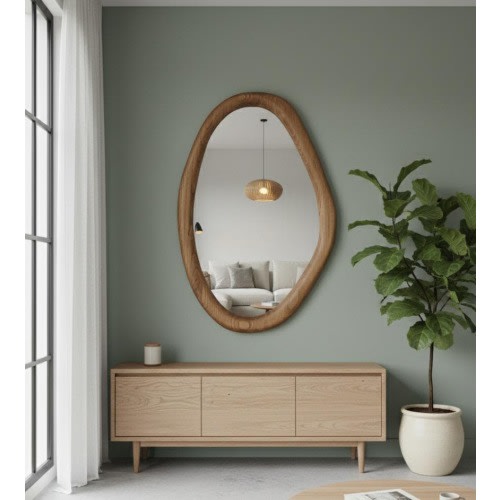 Asymmetric Organic Mirror Handmade Wood Framed Wall Decor Mid Century Modern Bathroom