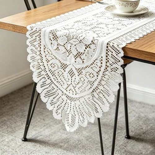 Tinsow 2 Pack Cotton Crochet Lace Rectangular Table Runner Dresser Scarf Doilies (White Style, 13" X 44")