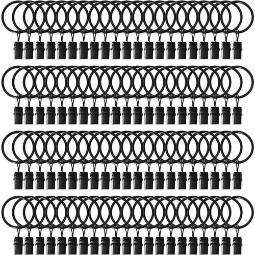 42 Pack Curtain Rings with Clips 1.26" Interior Diameter,Metal Drapery Ring with Clips Compatible with up to 1 inch Drapery Rod,Strong Vintage Decorative Rustproof Drapery Ring with Hooks(Black)