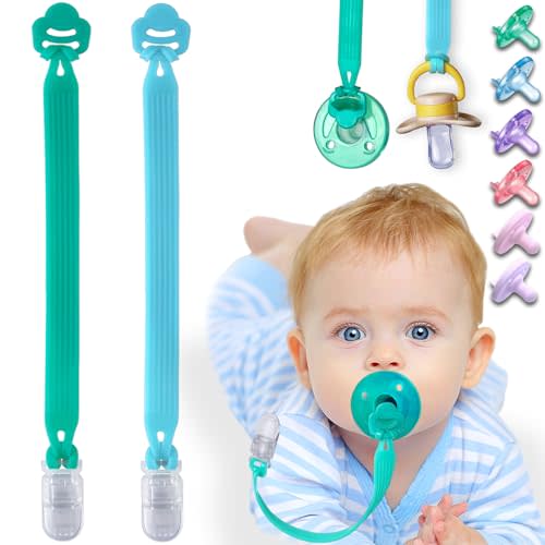 Silicone Pacifier Clip with Adapter Ring for Philips Avent Soothie, 2 Pack One-Piece Soft Binky Clips Holder for Baby Boys Girls, Anti-Loss Paci Clips for Baby Shower Newborn Essentials
