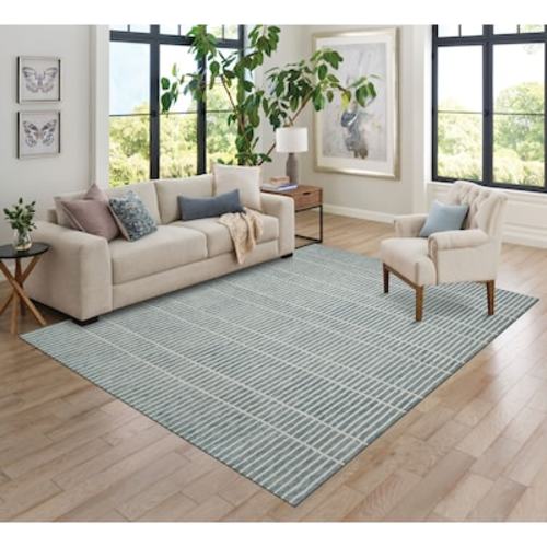 allen + roth Serene Sails 8 X 10 (ft) Wool Blue Ivory Indoor Stripe Area Rug 33070 at Lowes.com