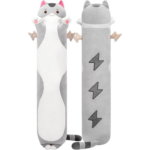 Mewaii 20” Long Cat Plush 5 Sizes, 120% Extra Filling Giant Plushness Kids Body Pillow, Kawaii Cute Grey Cat Stuffed Animals Plushies, Big Long Body Pillow Cat Plush Gift for Girls 20”