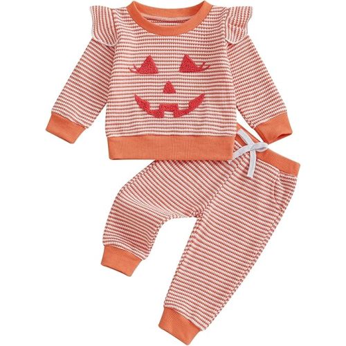 VISGOGO Baby Boy Girl Halloween Outfit Halloween Ghost Clothes Spooky Long Sleeve Pumpkin Sweatshirt Pants Set