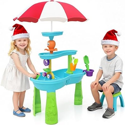 Water Table for Toddlers, 3-Tier Kids Water Table Toys with Adjustable Umbrella, Water Sand Playset for Outdoor Beach Backyard, Water Play Table for Toddlers Activity Sensory Playset for Boys Girls