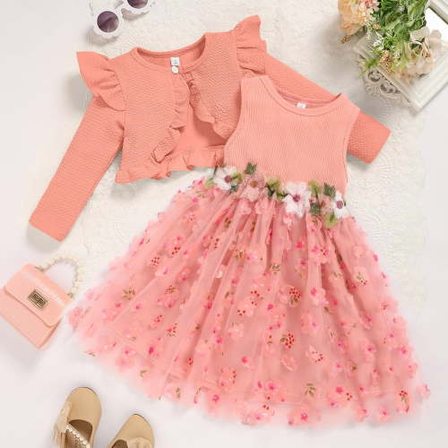 ZEHJUHAN Baby Girl's Sleeveless Flower Applique Mesh Tutu Dress Lace Button Cardigan Set for Party Pink，12-18M