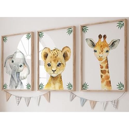 Baby Safari Animals for Girl or Boy Nursery Bedroom, Set of 3 Unframed Wall Art Prints, Jungle Leaves Posters, Nursery Decor Gift, Giraffe Elephant Lion (12x16)