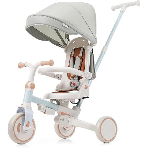 7-in-1 Foldable Kids Tricycle for 1-6 Years with Adjustable Push Handle, Removable Canopy & Pedals, Lightweight Aluminum Alloy, Safety Guard, Portable Toddler Bike (7-in-1, Blue)