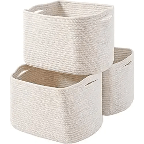 Storage Baskets for Organizing Shelves, Woven Cotton Rope Bins for Baby Nursery Organization, Book Toy Towel Organizer, 15"x11"x9.5", 3 Packs, Off White