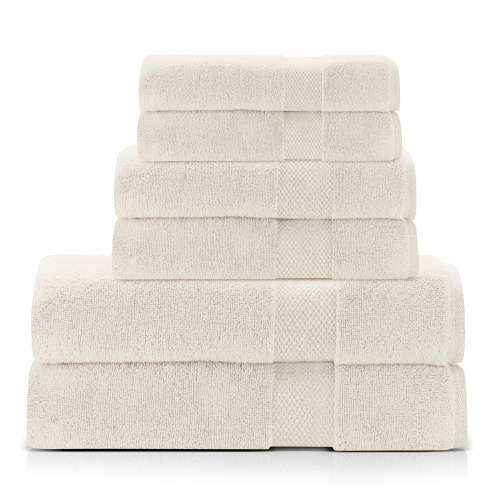 One Thousand Reasons Superior Zero Twist 1 Stripe Towel Set | Bath, Gym, Hand Towels | Luxury & Soft Cotton - Sand (6 Pieces)
