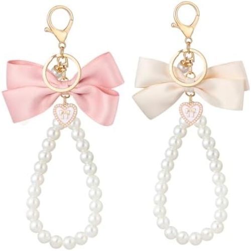 2Pcs Cute Bow Keychain for Women,Purse Charms Bow Bag Charms for Handbag, Pearl Keychain Accessories for Car