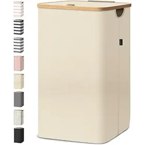 BALEINE Laundry Hamper with Lid, Tall Laundry Baskets with Bamboo Pull Handles, Large Laundry Bin with Internal Support (26 Gal/100L, Beige)