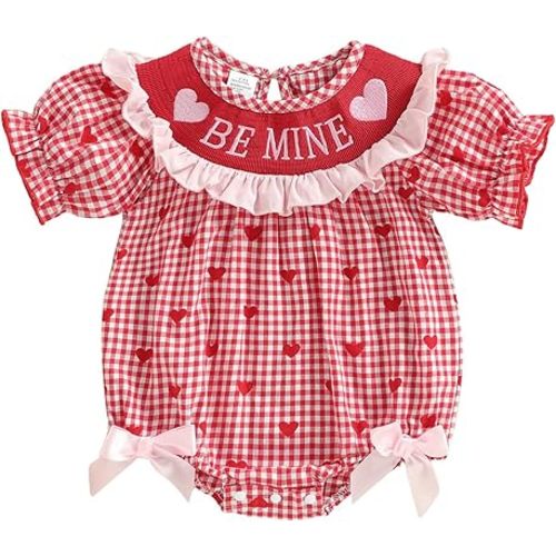 Baby Girl 4th of July Outfit USA Embroidery Bubble Romper Short Sleeve Plaid Jumpsuit Cute Smocked Clothes
