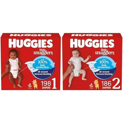 Bundle of Huggies Size 1 Diapers, Little Snugglers Diaper, Size 1 (8-14 lbs), 198 Count + Huggies Size 2 Diapers, Little Snugglers Baby Diaper, Size 2 (12-18 lbs), 186 Count