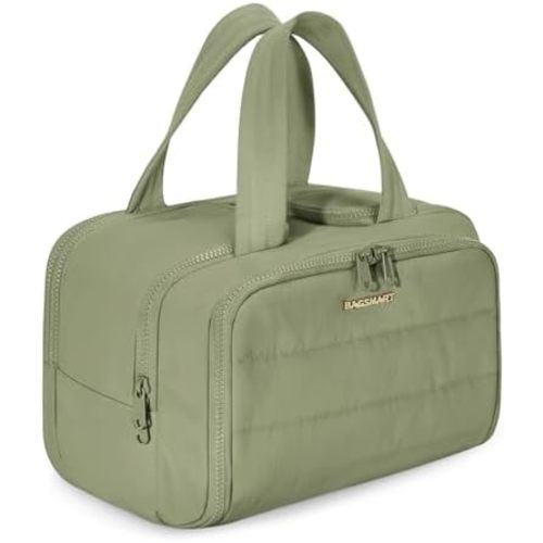 BAGSMART Travel Toiletry Bag, Lightweight Large Wide-open Travel Bag for Women, Puffy Cosmetic Makeup Bag Organizer with Handle for Accessories,Essentials, Toiletries, Green