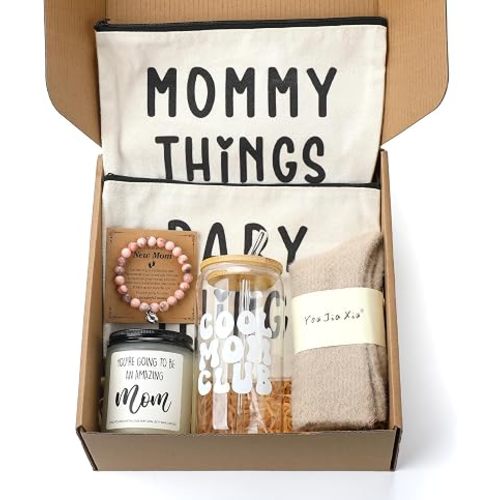 Maxdot 8 Piece New Mom Care Package Box After Birth New Mom Gifts Basket for Pregnancy Women Postpartum Gifts Kit with Glass Cup for Baby Shower Expecting Parents to Be First Time Mothers Day Birthday