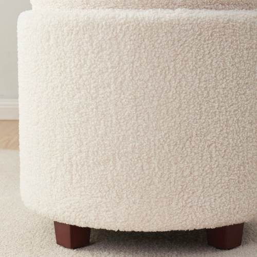 Round Tufted Boucle White Storage Ottoman with Coffee Table Lid