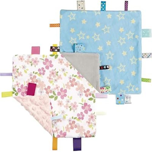 CREVENT Tag Security Blankets for Babies, Soft Small Loveys for Boys, Baby Comforter Sensory Blanket, Great Gifts for Birthday Baby Shower - 10"X10" Blue Star + Wildflower