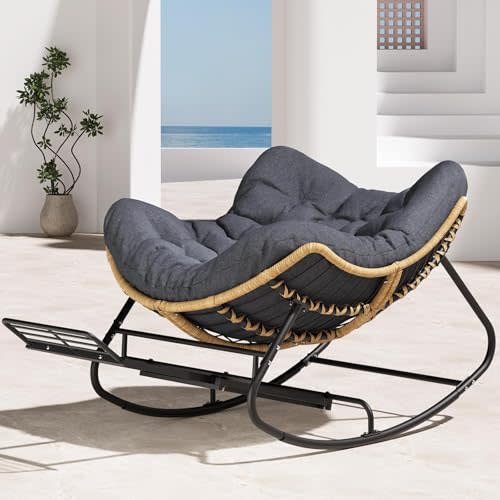 SWITTE Outdoor Papasan Rocking Chair with Adjustable Footrest, Oversized Wicker Zero-Gravity Chair with Cushion, All-Weather Lounge for Patio, Living Room-Dark Grey