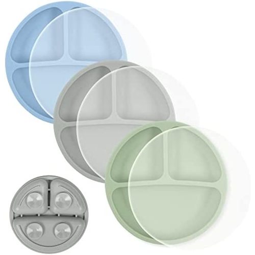 Yoofoss Toddler Plates with Lids - Suction Plates for Baby - 100% Silicone Baby Plates 3 Pack - BPA Free - Microwave and Dishwasher Safe - Divided Design
