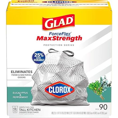 Glad Tall Kitchen Trash Bags 13 Gallon, MaxStrength Eucalyptus and Peppermint Garbage Bags, Drawstring, 90 Count