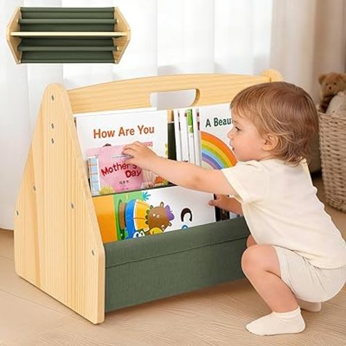Solid Wood Toddler Bookshelf Double-Sided Montessori Kids Bookshelf for Nursery & Playroom, Baby Book Rack with Portable Handle, 4-Tier Deep Sling Organizer Easy Assembly, Dark Green