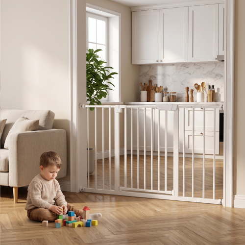 edx Walk-Through Baby Safety Gate for Stairs and Doorways, 30"-49" Auto Close Metal Gate for Kids/Dogs, Pressure or Hardware Mount, No Drilling