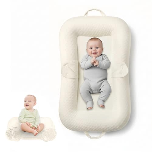 Baobrava Baby Lounger, Portable Tummy Time Mat and Infant Floor Seat,White | Double-Sided Velvet and Dotted Fleece, Breathable Soft, Removable Washable Cover, Easy To Fold and Carry, Baby Essential Gift