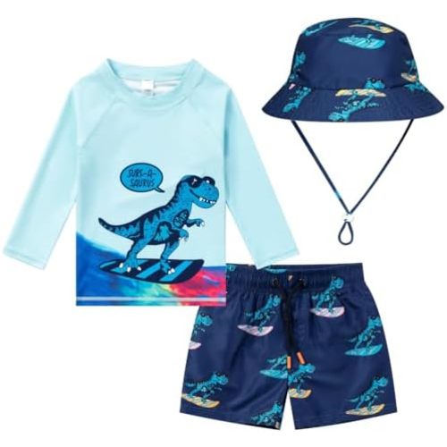 Baby-Boys Toddler Long Sleeved Rashguard Swim Bathing Suit and Sun Hat Set