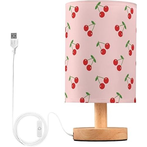 Table Lamp Pretty Cherry Pattern on Pink Nightstand Lamp with Wood Base Fabric Lamp Shade Bedside Desk Lamp for Living Room Bedroom Kids Room Office