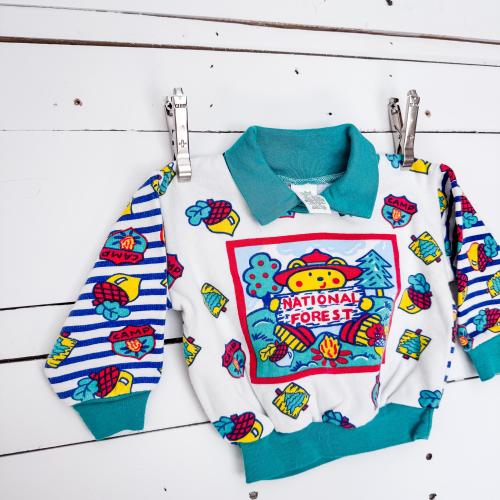 Vintage National Forest 90s Style Baby Sweater | Nature-Inspired Print | White with Teal/Green Collar & Cuffs | Size 24 Months